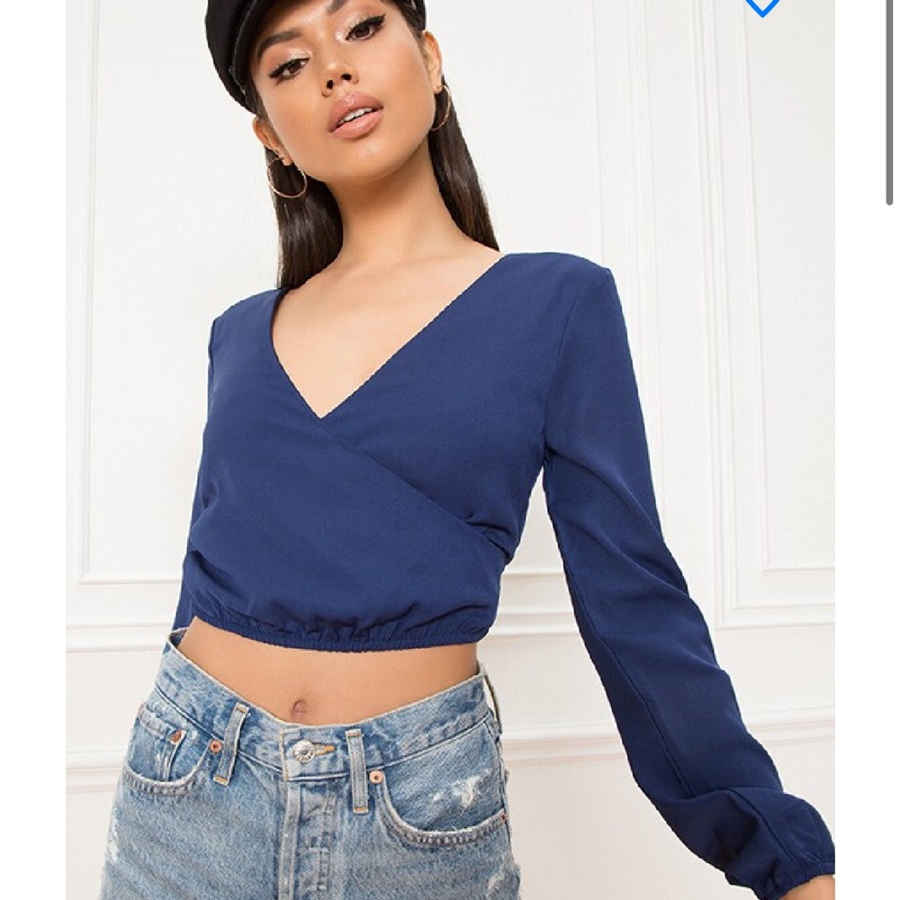 Blue Long Sleeve Fitted Crop Blouse